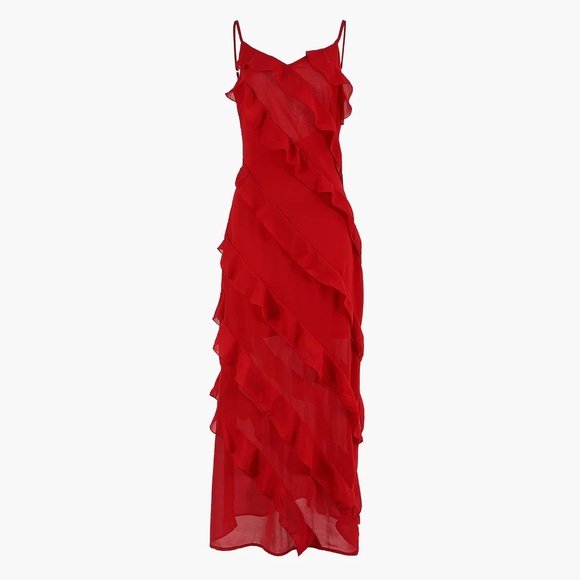 Commense Dresses & Skirts - Commense NWT Ladder Ruffle V Neck Long Red Dress Open Back
